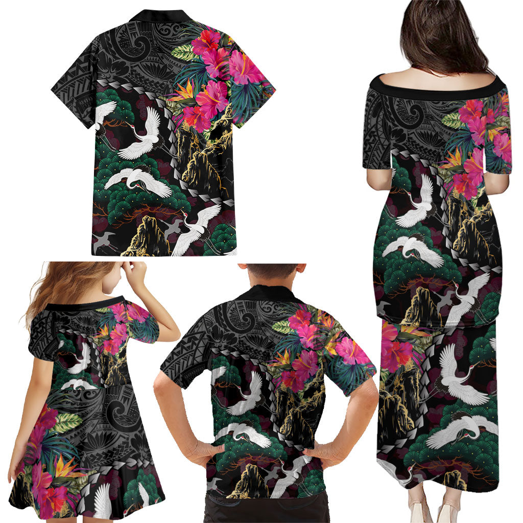 Hawaiian and Japanese Culture Family Matching Puletasi and Hawaiian Shirt Crane Sakura Hibiscus Tropical Vibes LT14 - Polynesian Pride