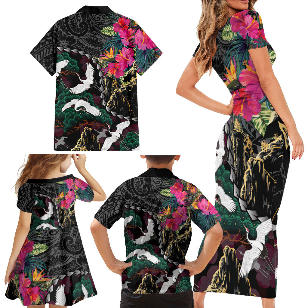 Hawaiian and Japanese Culture Family Matching Short Sleeve Bodycon Dress and Hawaiian Shirt Crane Sakura Hibiscus Tropical Vibes LT14 - Polynesian Pride