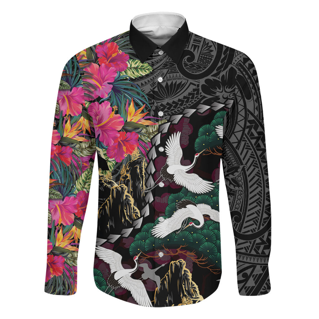 Hawaiian and Japanese Culture Family Matching Short Sleeve Bodycon Dress and Hawaiian Shirt Crane Sakura Hibiscus Tropical Vibes LT14 Dad's Shirt - Long Sleeve Black - Polynesian Pride