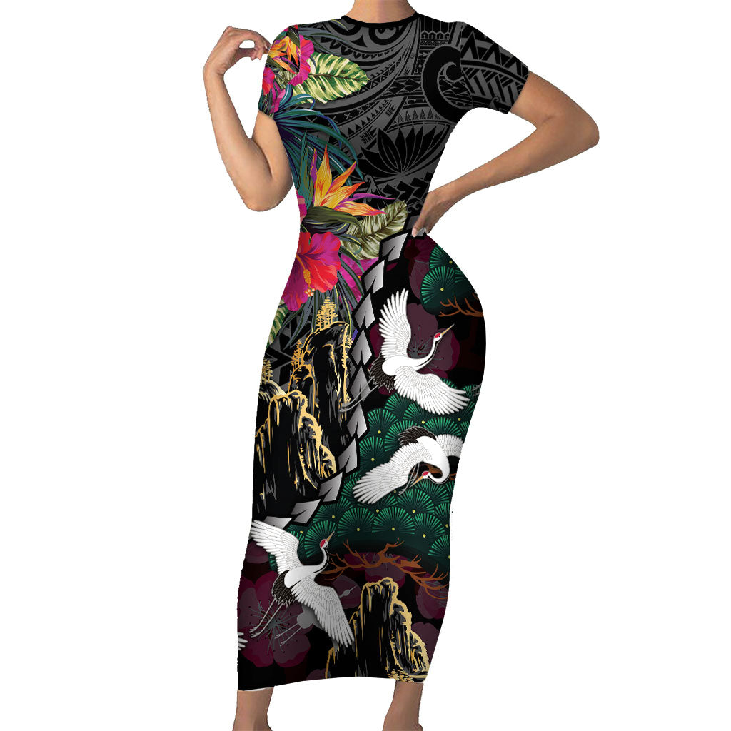 Hawaiian and Japanese Culture Family Matching Short Sleeve Bodycon Dress and Hawaiian Shirt Crane Sakura Hibiscus Tropical Vibes LT14 Mom's Dress Black - Polynesian Pride