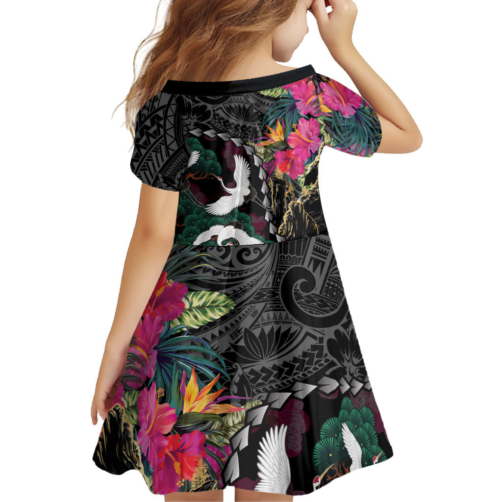 Hawaiian and Japanese Culture Family Matching Summer Maxi Dress and Hawaiian Shirt Crane Sakura Hibiscus Tropical Vibes LT14 - Polynesian Pride