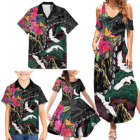 Hawaiian and Japanese Culture Family Matching Summer Maxi Dress and Hawaiian Shirt Crane Sakura Hibiscus Tropical Vibes LT14 - Polynesian Pride