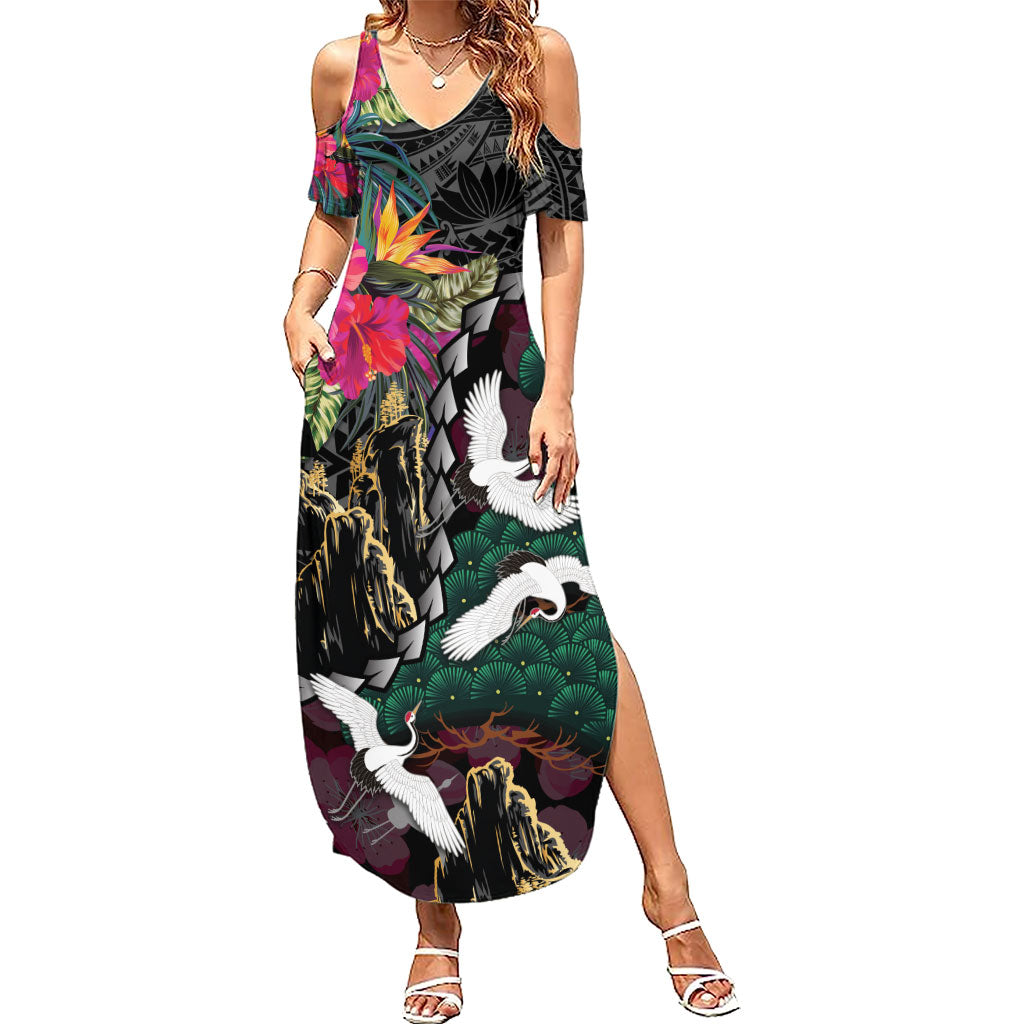 Hawaiian and Japanese Culture Family Matching Summer Maxi Dress and Hawaiian Shirt Crane Sakura Hibiscus Tropical Vibes LT14 Mom's Dress Black - Polynesian Pride