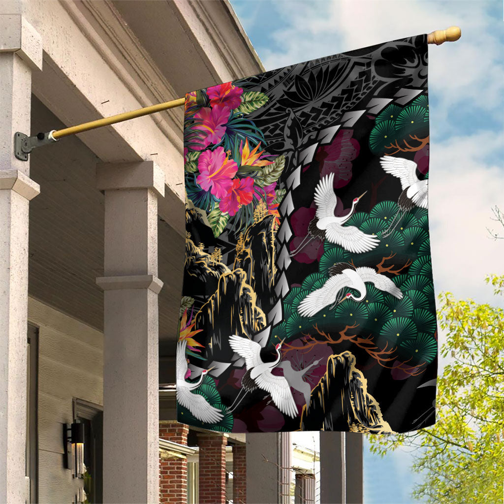Hawaiian and Japanese Culture Garden Flag Crane Sakura Hibiscus Tropical Vibes LT14 House Flag Black - Polynesian Pride