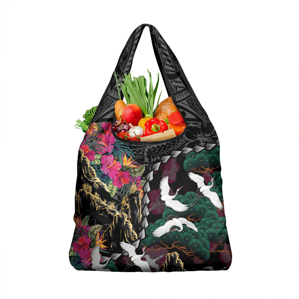 Hawaiian and Japanese Culture Grocery Bag Crane Sakura Hibiscus Tropical Vibes LT14 1-pack One Size Black - Polynesian Pride
