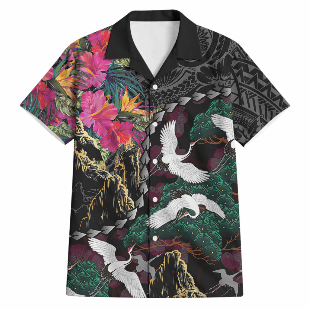 Hawaiian and Japanese Culture Hawaiian Shirt Crane Sakura Hibiscus Tropical Vibes LT14 Black - Polynesian Pride