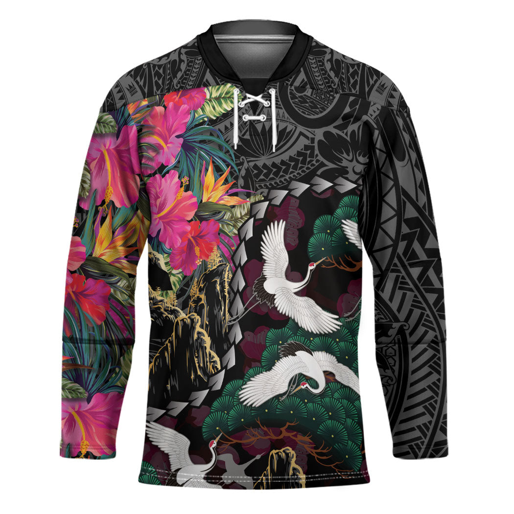 Hawaiian and Japanese Culture Hockey Jersey Crane Sakura Hibiscus Tropical Vibes LT14 Unisex Black - Polynesian Pride