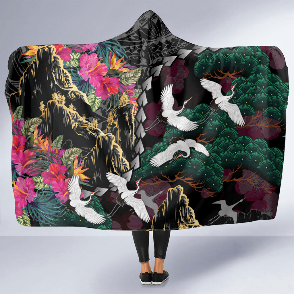 Hawaiian and Japanese Culture Hooded Blanket Crane Sakura Hibiscus Tropical Vibes LT14 One Size Black - Polynesian Pride