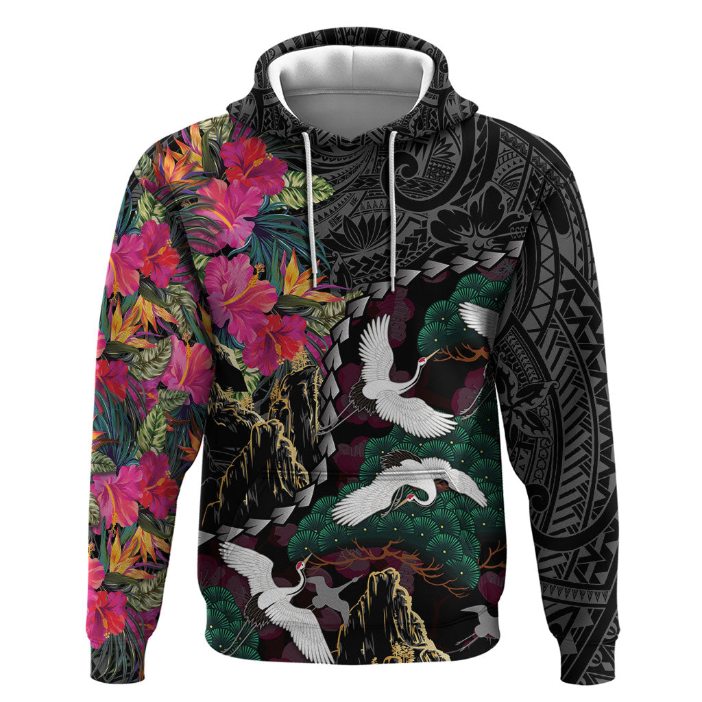 Hawaiian and Japanese Culture Hoodie Crane Sakura Hibiscus Tropical Vibes LT14 Pullover Hoodie Black - Polynesian Pride