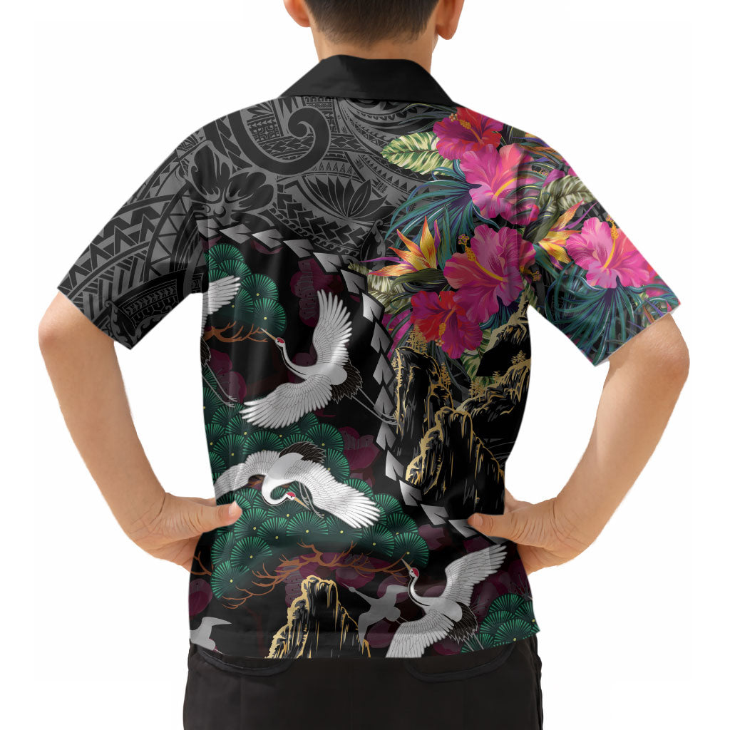 Hawaiian and Japanese Culture Kid Hawaiian Shirt Crane Sakura Hibiscus Tropical Vibes LT14 - Polynesian Pride