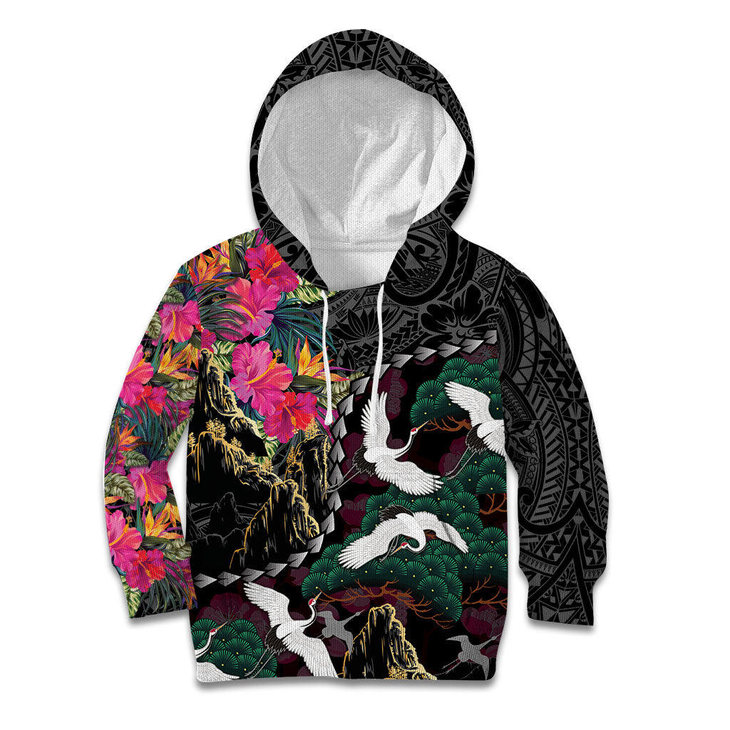 Hawaiian and Japanese Culture Kid Hoodie Crane Sakura Hibiscus Tropical Vibes LT14 Hoodie Black - Polynesian Pride