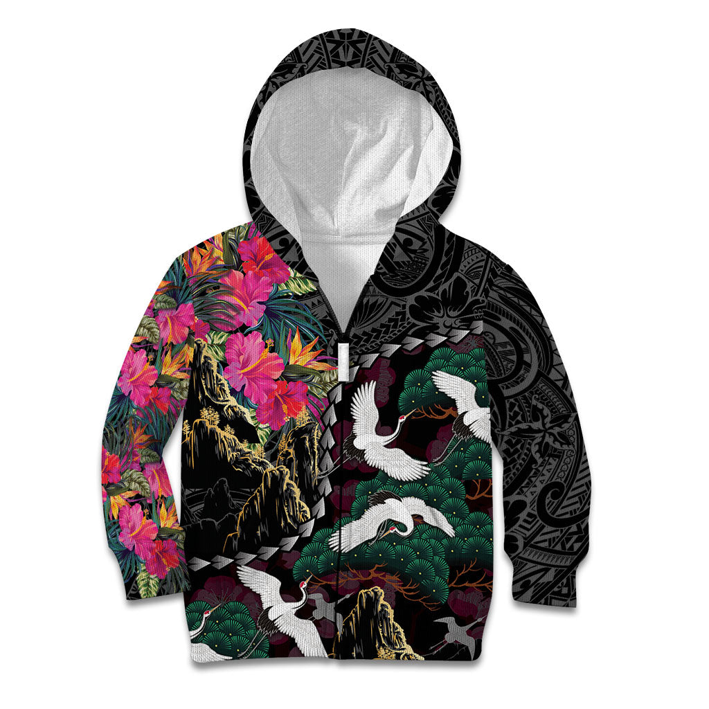 Hawaiian and Japanese Culture Kid Hoodie Crane Sakura Hibiscus Tropical Vibes
