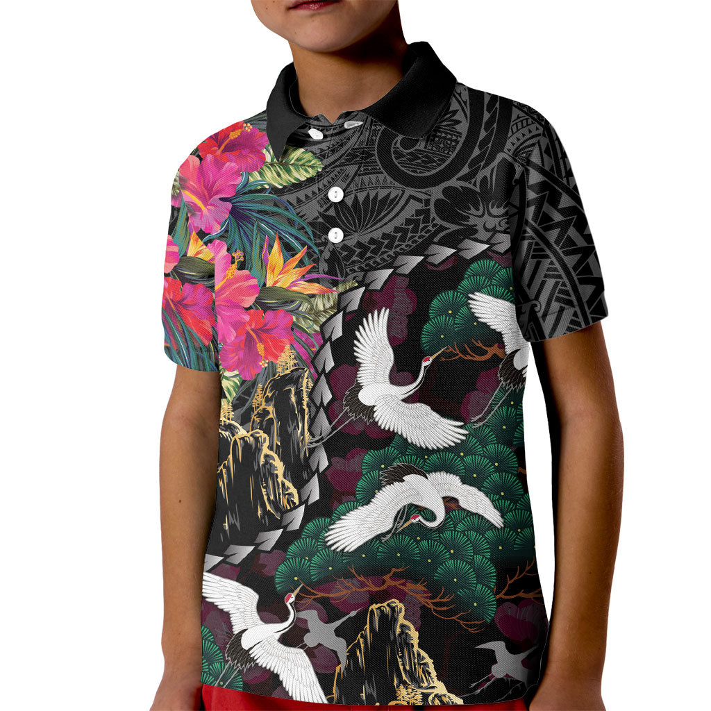 Hawaiian and Japanese Culture Kid Polo Shirt Crane Sakura Hibiscus Tropical Vibes LT14 Kid Black - Polynesian Pride