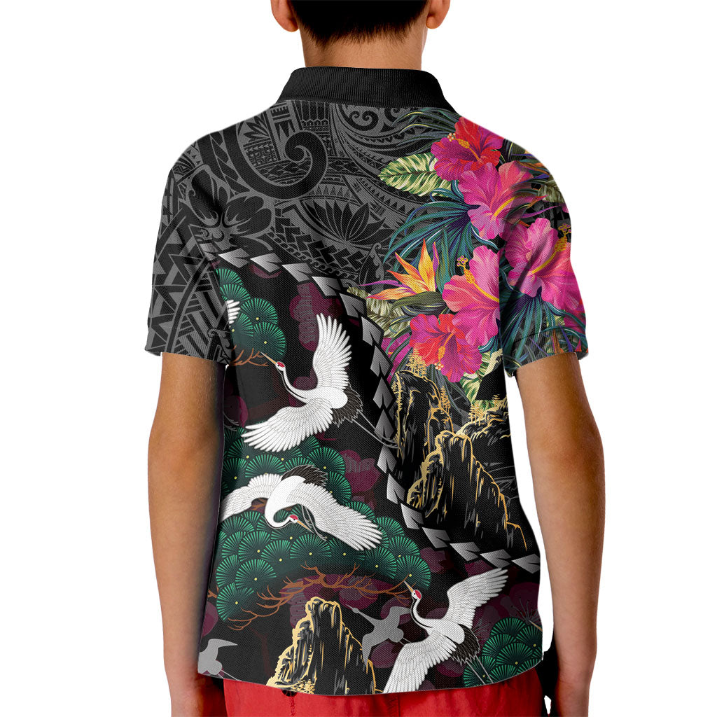 Hawaiian and Japanese Culture Kid Polo Shirt Crane Sakura Hibiscus Tropical Vibes