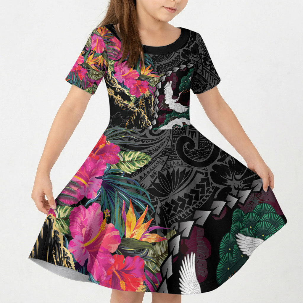 Hawaiian and Japanese Culture Kid Short Sleeve Dress Crane Sakura Hibiscus Tropical Vibes LT14 KID Black - Polynesian Pride