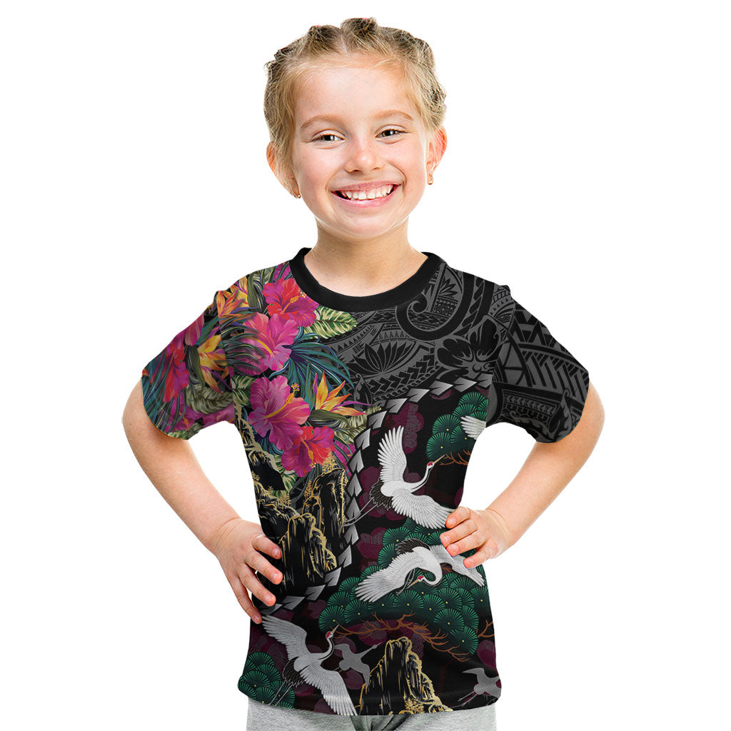 Hawaiian and Japanese Culture Kid T Shirt Crane Sakura Hibiscus Tropical Vibes LT14 Black - Polynesian Pride