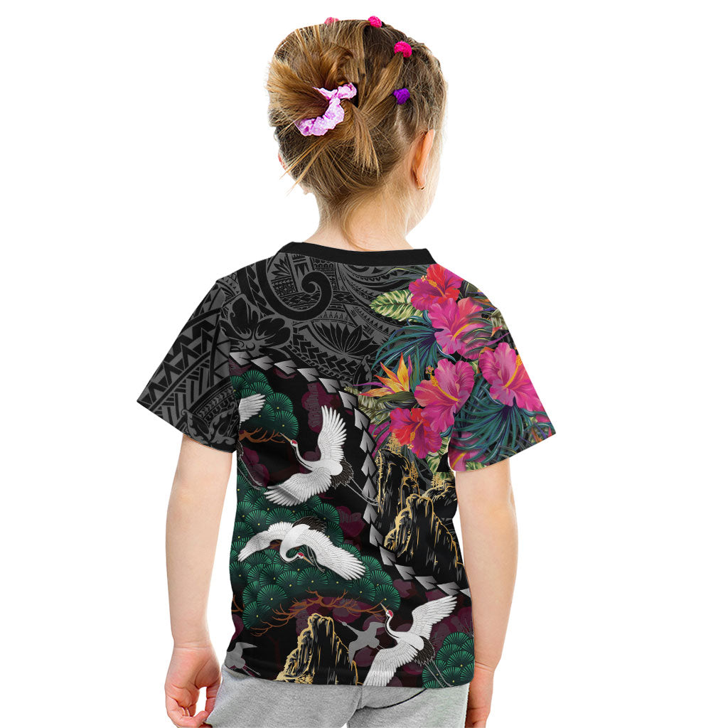 Hawaiian and Japanese Culture Kid T Shirt Crane Sakura Hibiscus Tropical Vibes