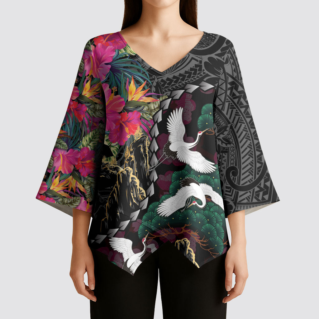 Hawaiian and Japanese Culture Kimono Sleeve Blouse Crane Sakura Hibiscus Tropical Vibes
