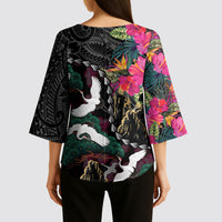 Hawaiian and Japanese Culture Kimono Sleeve Blouse Crane Sakura Hibiscus Tropical Vibes