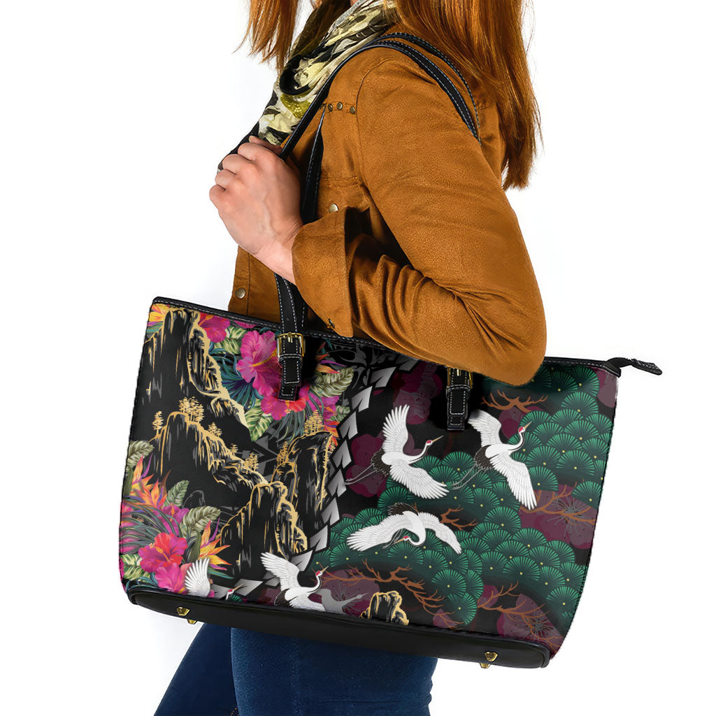 Hawaiian and Japanese Culture Leather Tote Bag Crane Sakura Hibiscus Tropical Vibes LT14 Black - Polynesian Pride