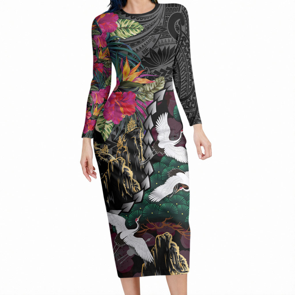 Hawaiian and Japanese Culture Long Sleeve Bodycon Dress Crane Sakura Hibiscus Tropical Vibes LT14 Long Dress Black - Polynesian Pride