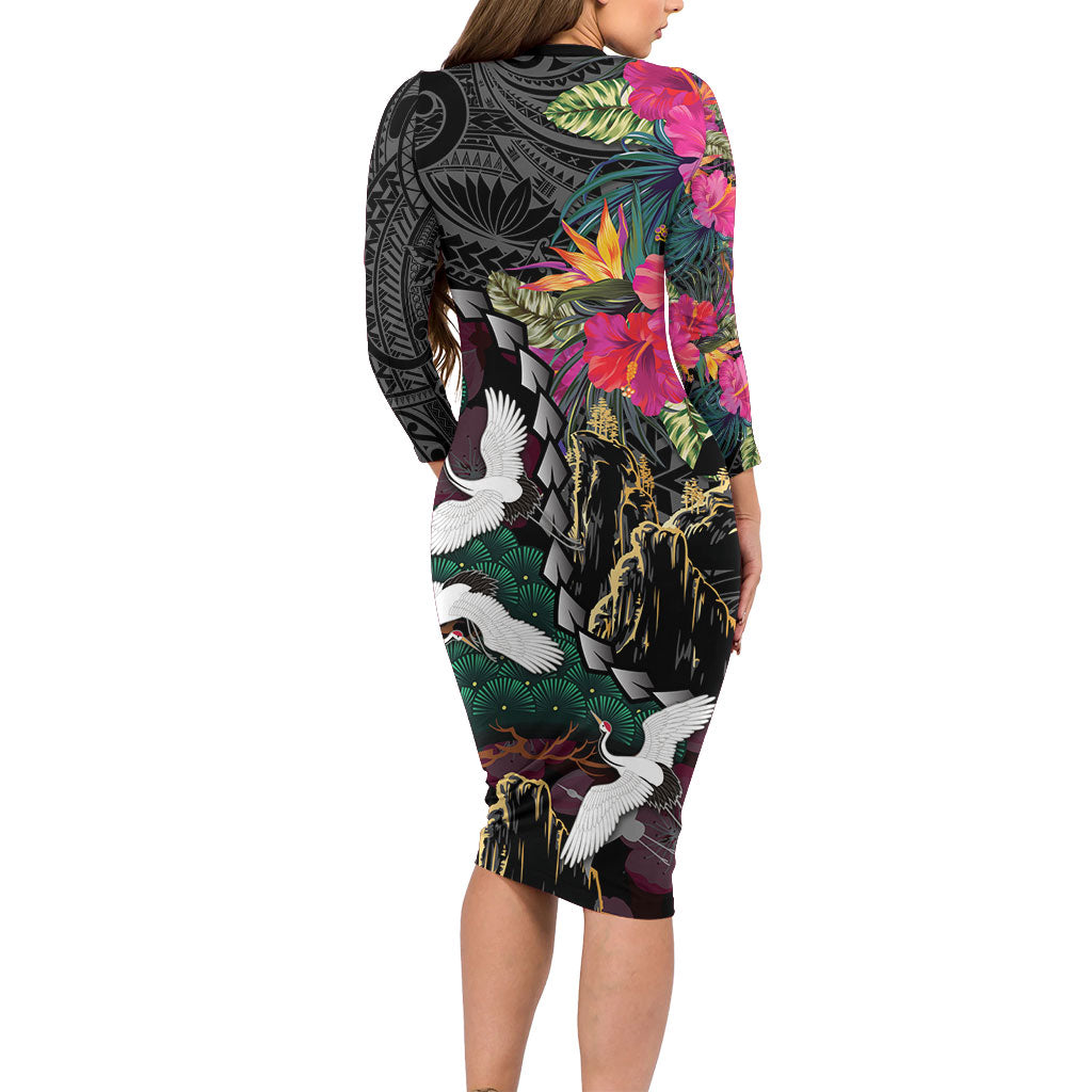 Hawaiian and Japanese Culture Long Sleeve Bodycon Dress Crane Sakura Hibiscus Tropical Vibes