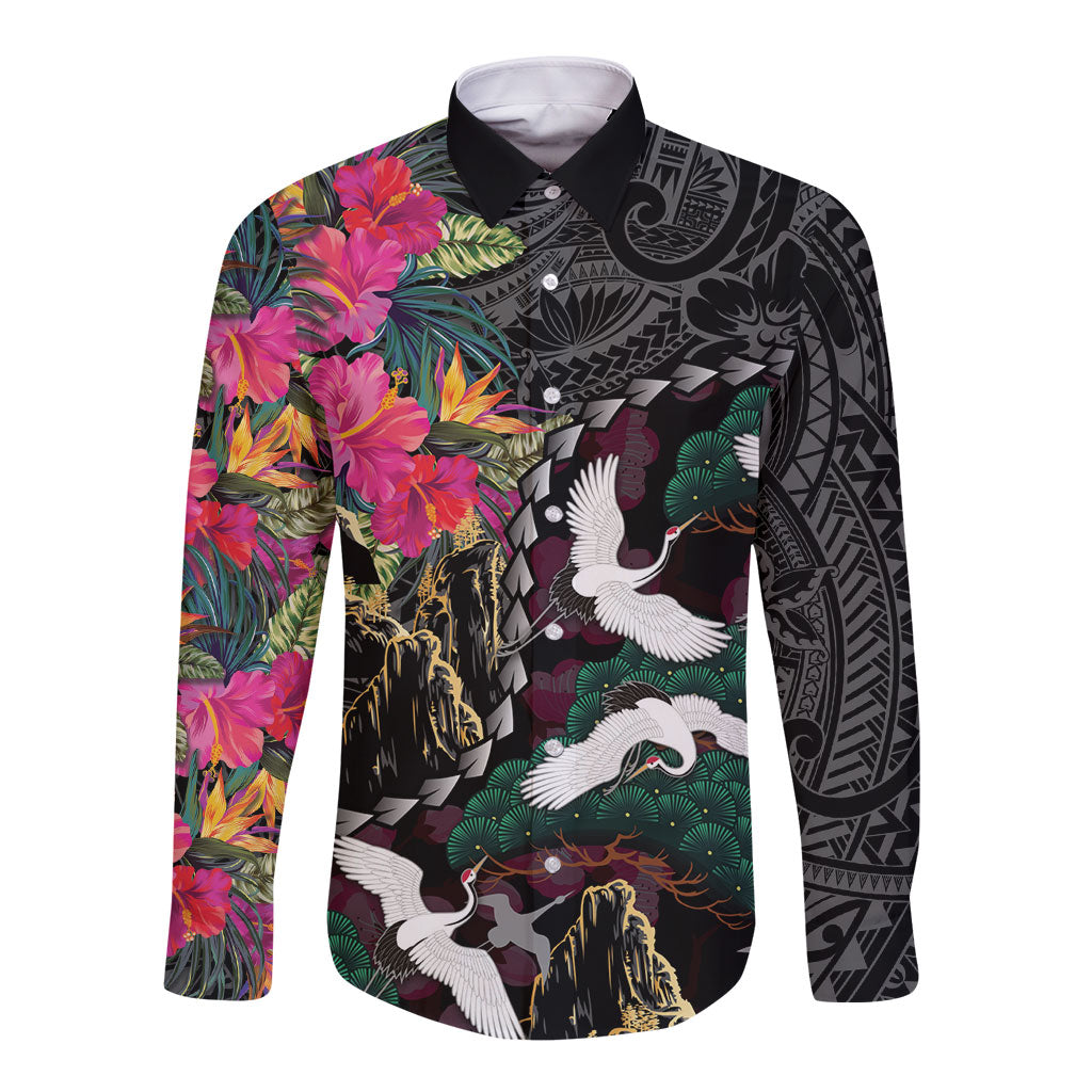 Hawaiian and Japanese Culture Long Sleeve Button Shirt Crane Sakura Hibiscus Tropical Vibes