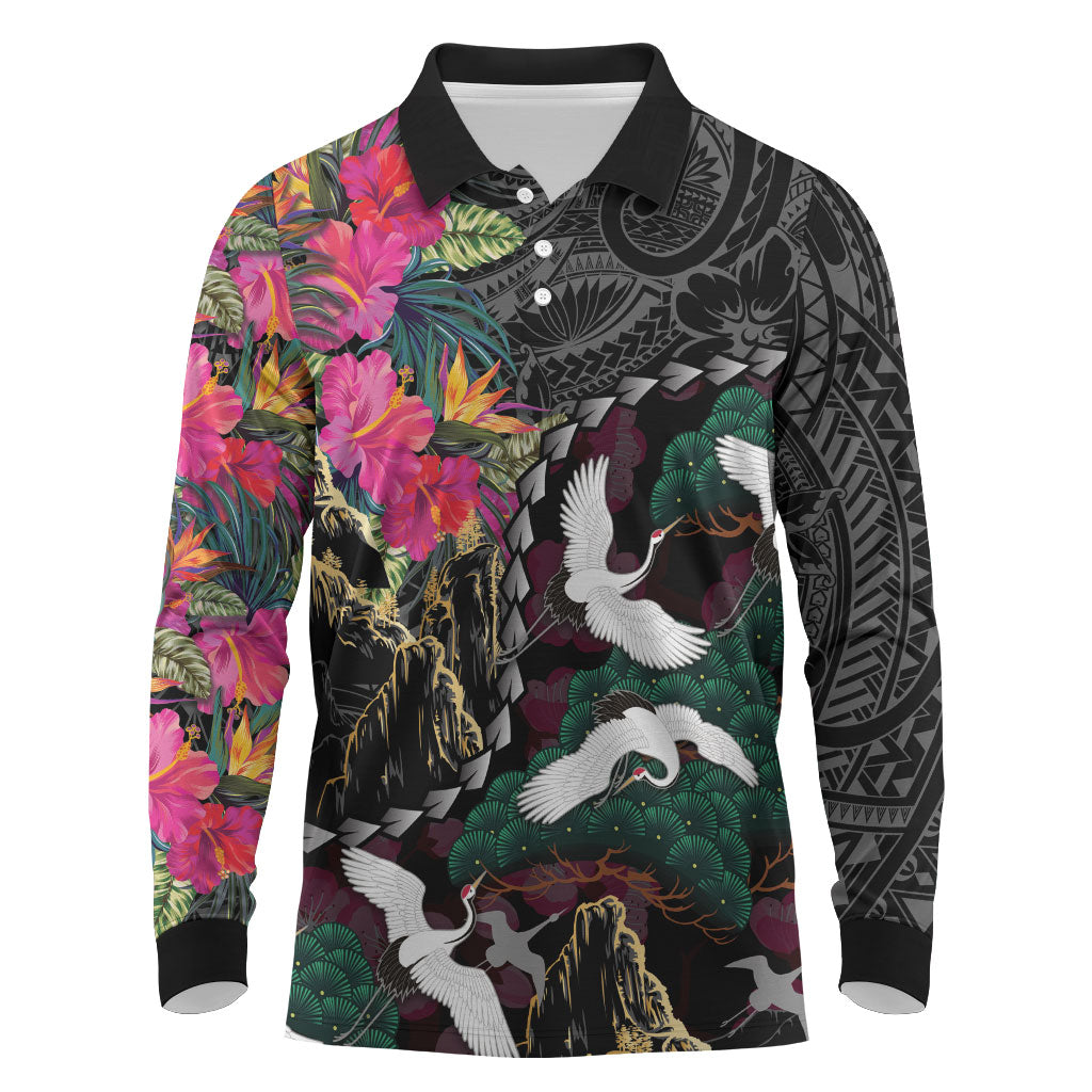 Hawaiian and Japanese Culture Long Sleeve Polo Shirt Crane Sakura Hibiscus Tropical Vibes LT14 Black - Polynesian Pride