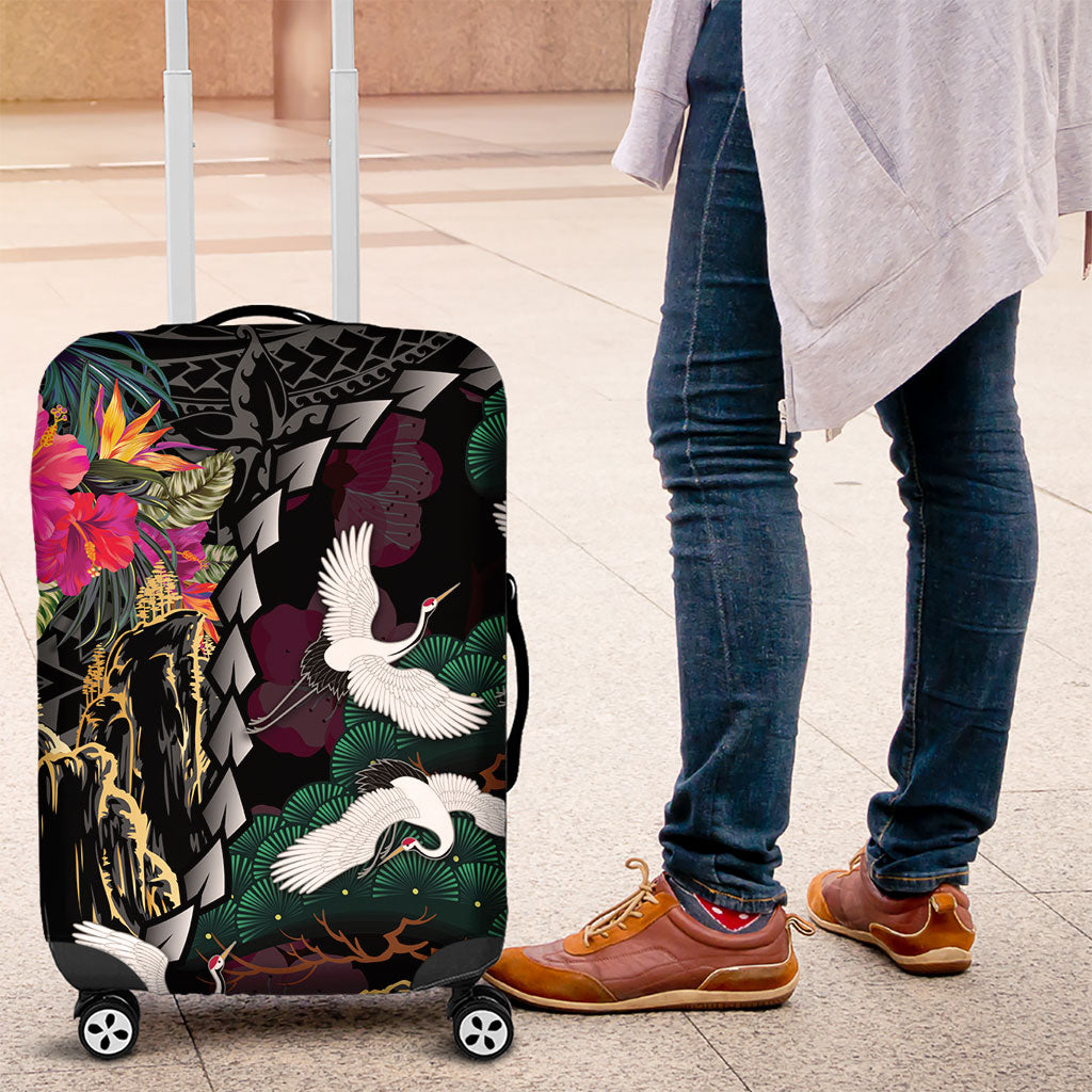Hawaiian and Japanese Culture Luggage Cover Crane Sakura Hibiscus Tropical Vibes LT14 Black - Polynesian Pride