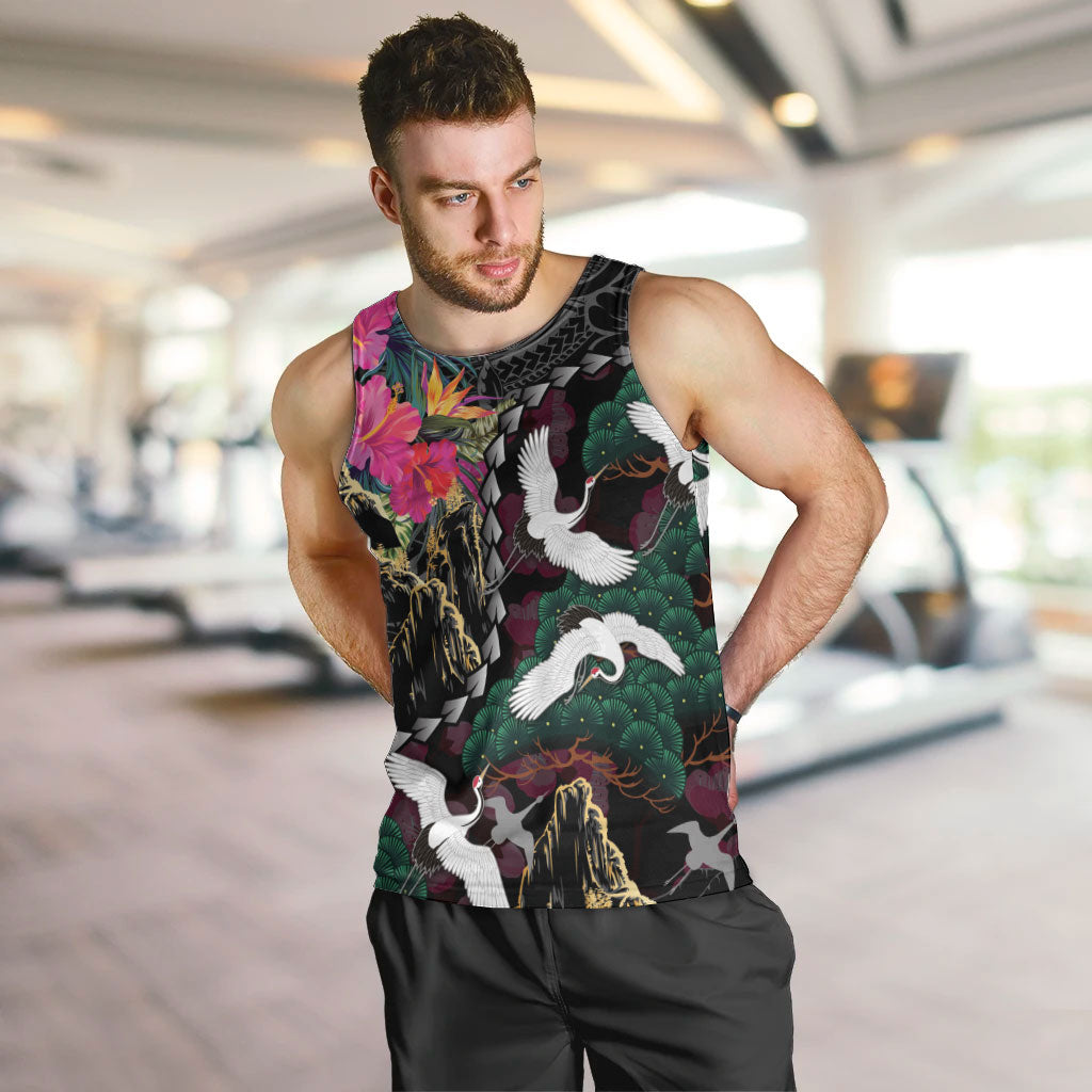 Hawaiian and Japanese Culture Men Tank Top Crane Sakura Hibiscus Tropical Vibes LT14 Black - Polynesian Pride