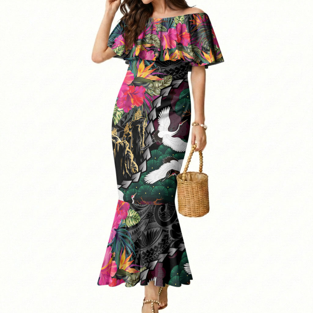 Hawaiian and Japanese Culture Mermaid Dress Crane Sakura Hibiscus Tropical Vibes LT14 Women Black - Polynesian Pride