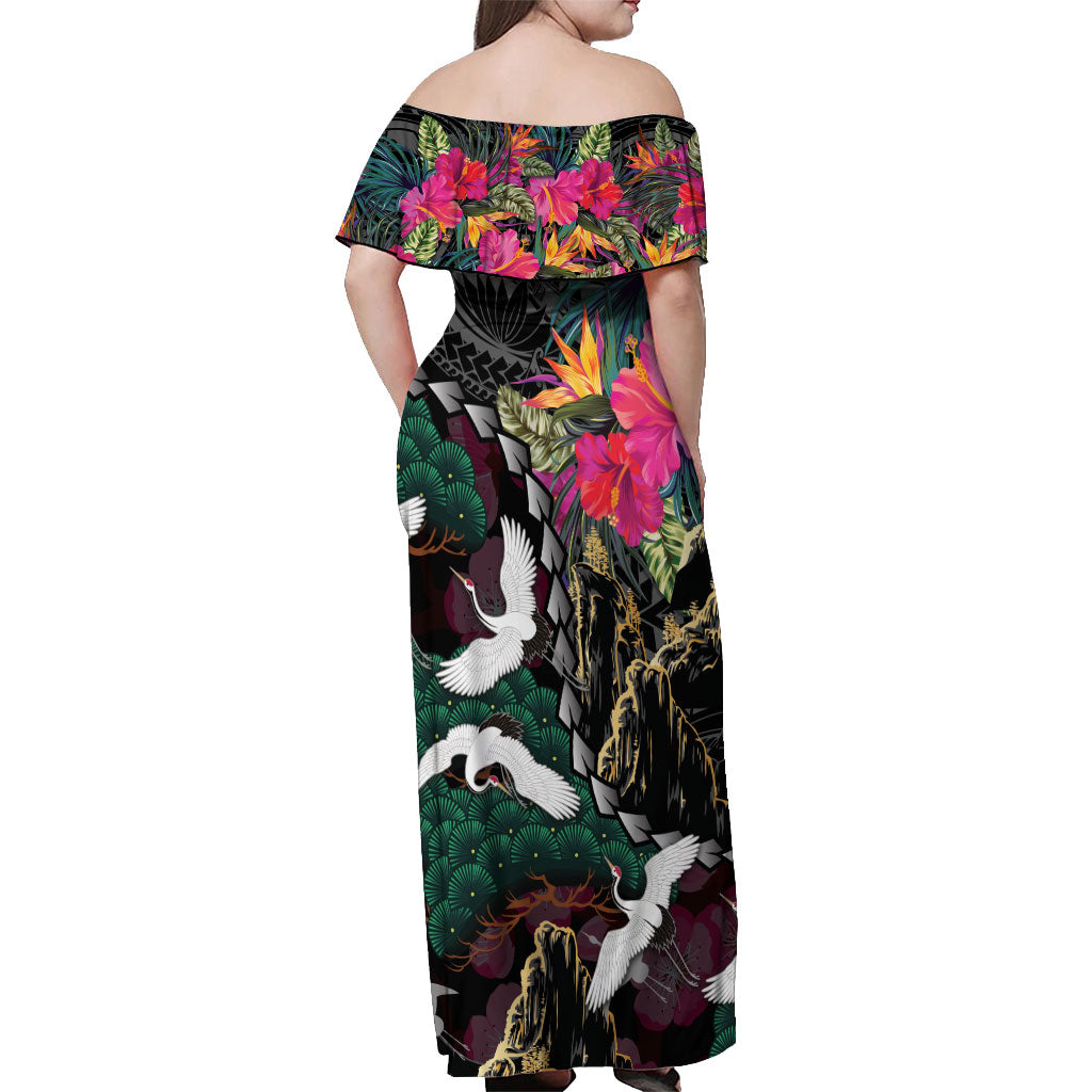 Hawaiian and Japanese Culture Off Shoulder Maxi Dress Crane Sakura Hibiscus Tropical Vibes