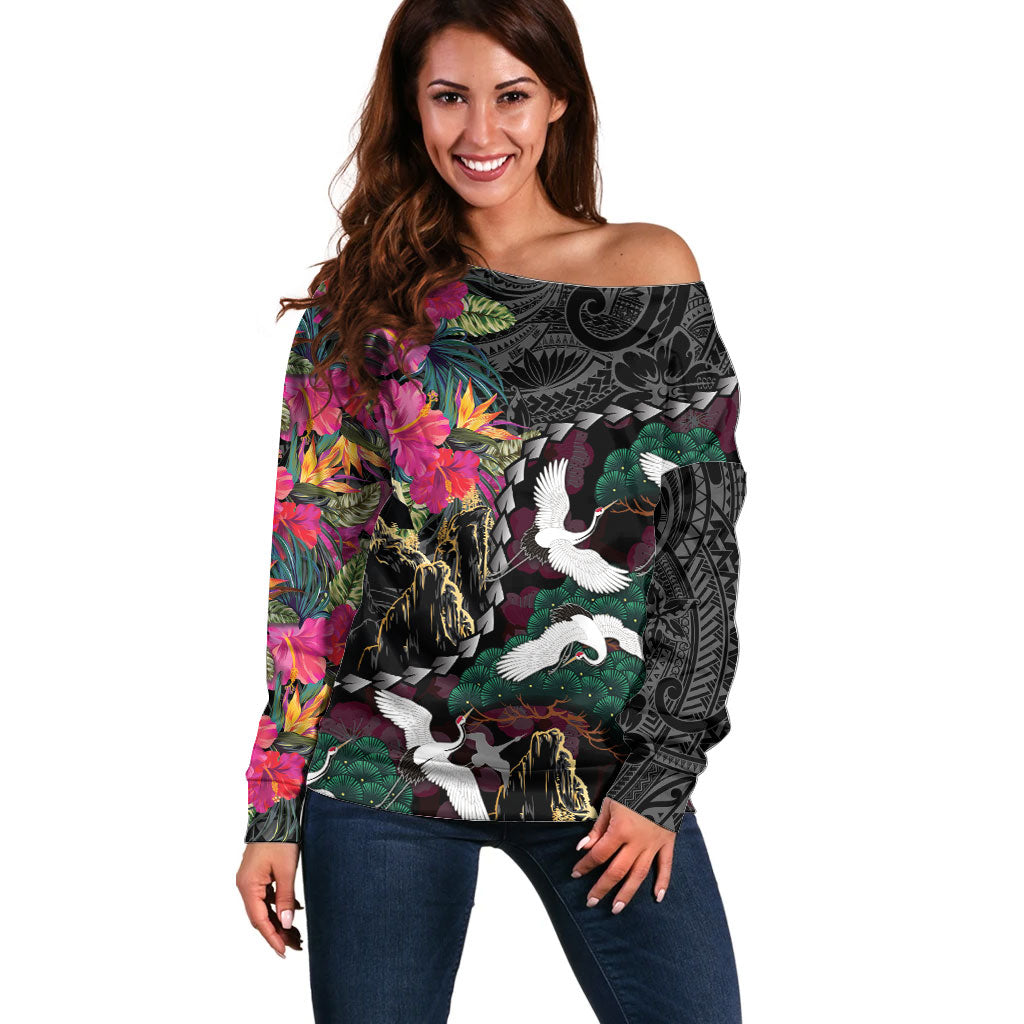 Hawaiian and Japanese Culture Off Shoulder Sweater Crane Sakura Hibiscus Tropical Vibes LT14 Women Black - Polynesian Pride