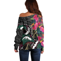 Hawaiian and Japanese Culture Off Shoulder Sweater Crane Sakura Hibiscus Tropical Vibes