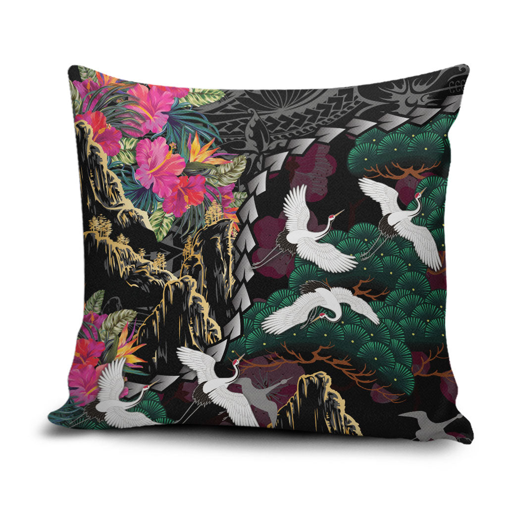 Hawaiian and Japanese Culture Pillow Cover Crane Sakura Hibiscus Tropical Vibes LT14 Black - Polynesian Pride