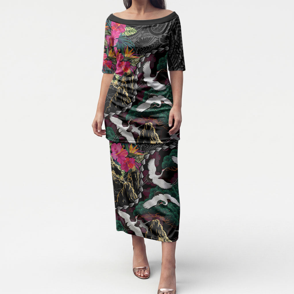 Hawaiian and Japanese Culture Puletasi Crane Sakura Hibiscus Tropical Vibes LT14 Long Dress Black - Polynesian Pride