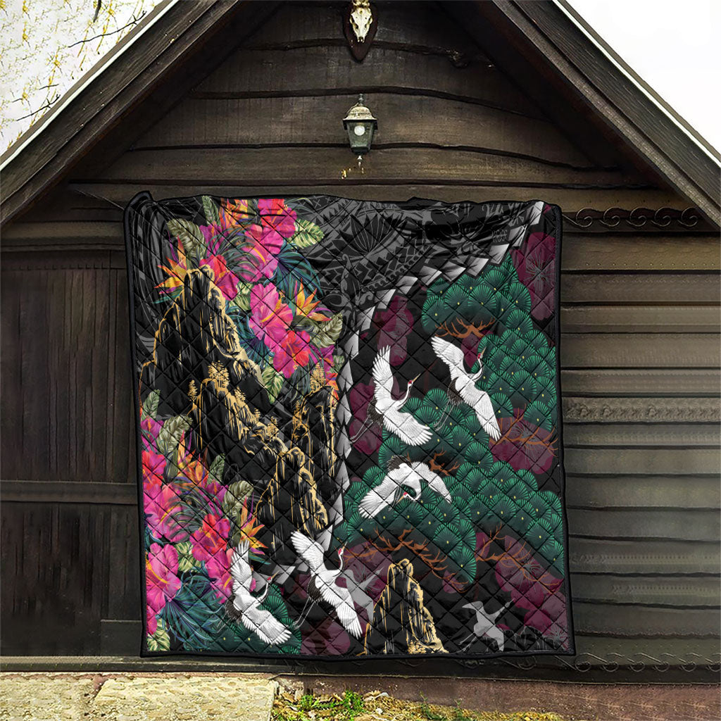 Hawaiian and Japanese Culture Quilt Crane Sakura Hibiscus Tropical Vibes