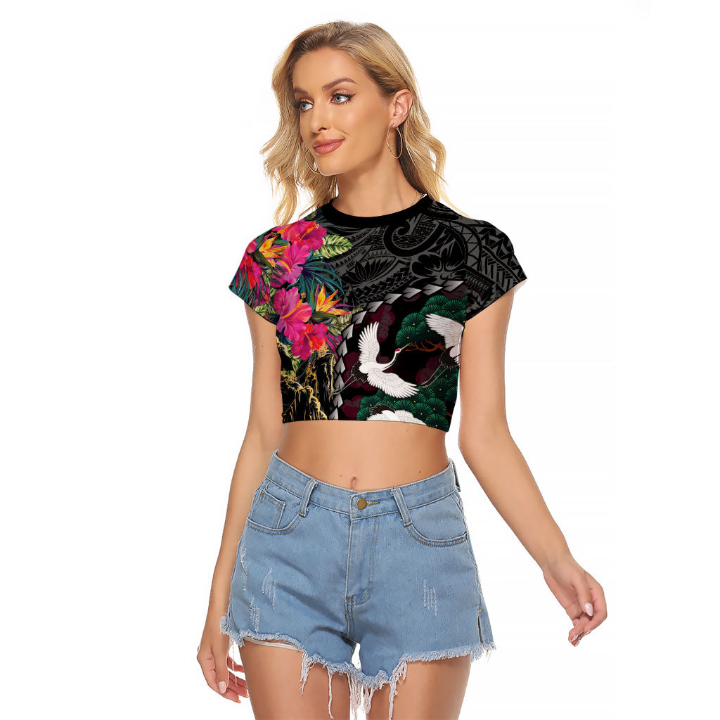 Hawaiian and Japanese Culture Raglan Cropped T Shirt Crane Sakura Hibiscus Tropical Vibes LT14 Female Black - Polynesian Pride