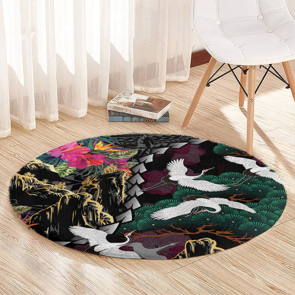 Hawaiian and Japanese Culture Round Carpet Crane Sakura Hibiscus Tropical Vibes