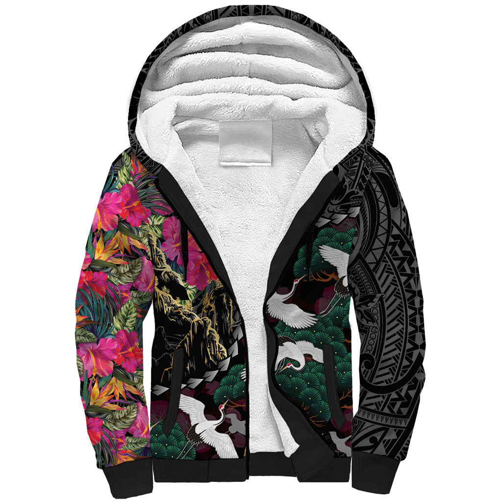 Hawaiian and Japanese Culture Sherpa Hoodie Crane Sakura Hibiscus Tropical Vibes LT14 Unisex Black - Polynesian Pride