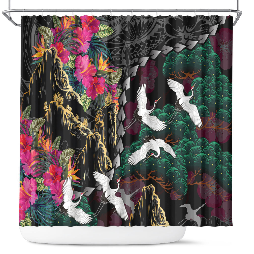 Hawaiian and Japanese Culture Shower Curtain Crane Sakura Hibiscus Tropical Vibes LT14 Black - Polynesian Pride
