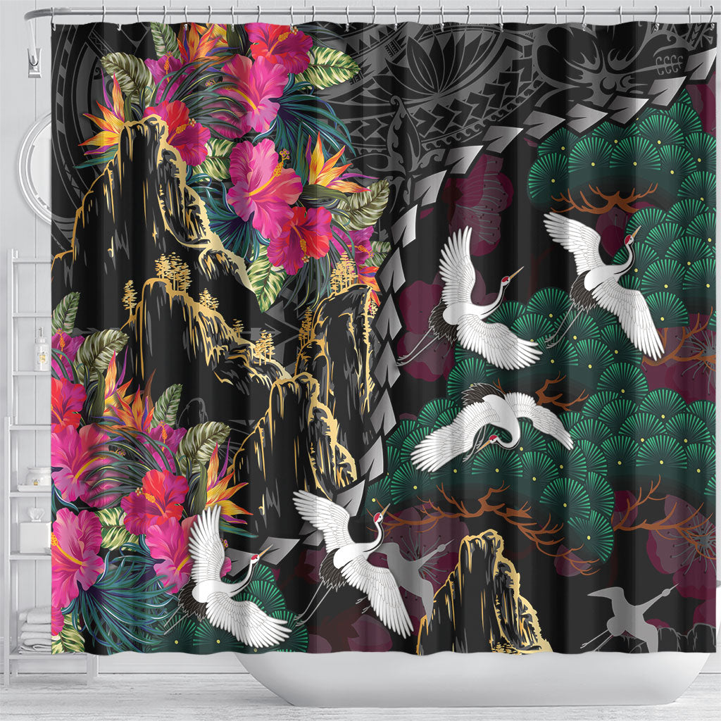 Hawaiian and Japanese Culture Shower Curtain Crane Sakura Hibiscus Tropical Vibes