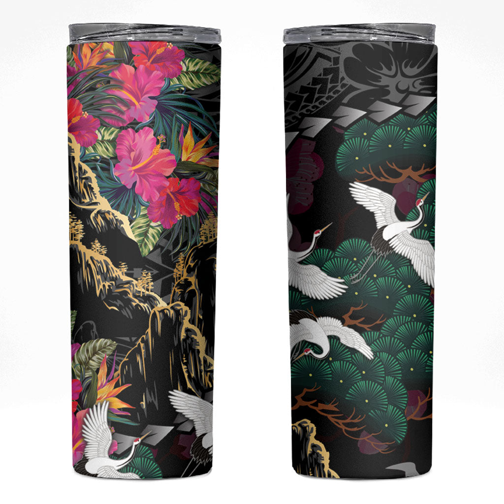 Hawaiian and Japanese Culture Skinny Tumbler Crane Sakura Hibiscus Tropical Vibes LT14 Black - Polynesian Pride