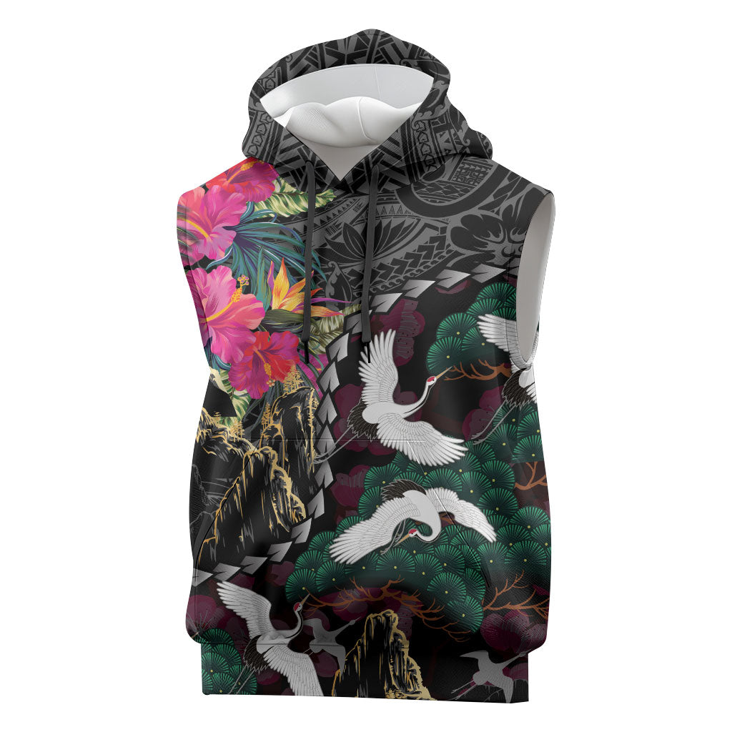 Hawaiian and Japanese Culture Sleeveless Hoodie Crane Sakura Hibiscus Tropical Vibes LT14 Black - Polynesian Pride