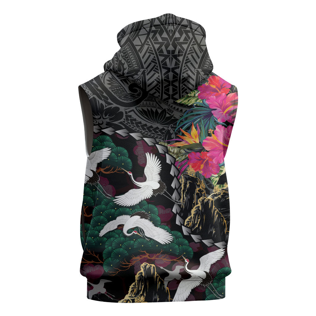 Hawaiian and Japanese Culture Sleeveless Hoodie Crane Sakura Hibiscus Tropical Vibes
