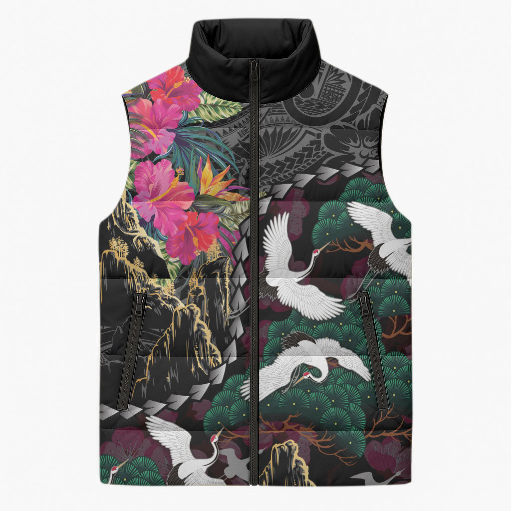 Hawaiian and Japanese Culture Sleeveless Puffer Jacket Crane Sakura Hibiscus Tropical Vibes LT14 Unisex Black - Polynesian Pride