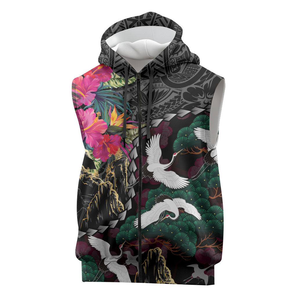 Hawaiian and Japanese Culture Sleeveless Zip Hoodie Crane Sakura Hibiscus Tropical Vibes LT14 Black - Polynesian Pride