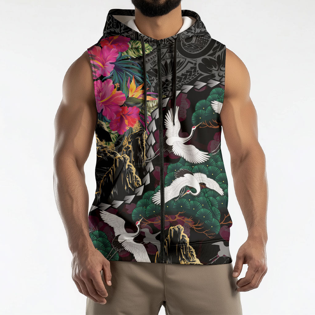 Hawaiian and Japanese Culture Sleeveless Zip Hoodie Crane Sakura Hibiscus Tropical Vibes