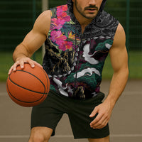 Hawaiian and Japanese Culture Sleeveless Zip Hoodie Crane Sakura Hibiscus Tropical Vibes