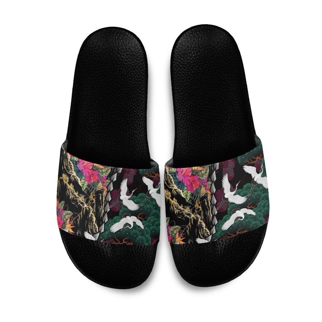 Hawaiian and Japanese Culture Slide Sandals Crane Sakura Hibiscus Tropical Vibes LT14 Black - Polynesian Pride